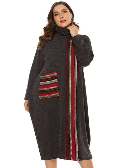 High Neck Contrast Striped Loose Plus Size Dress