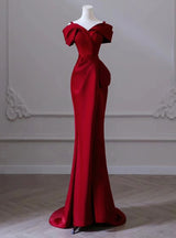 Burgundy Mermaid Satin Pleats Prom Dress