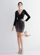 Velvet Long Sleeve V-neck Mini Prom Dress