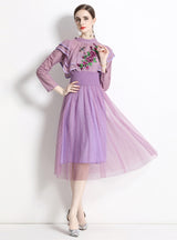 Purple Long Sleeve Lace Embroidery Gauze Dress