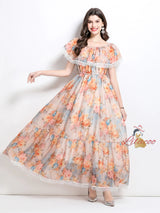 Off the Shoulder Flounced Printed Dress