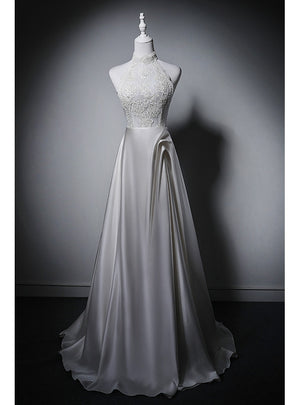 White Satin Lace Halter Wedding Dress