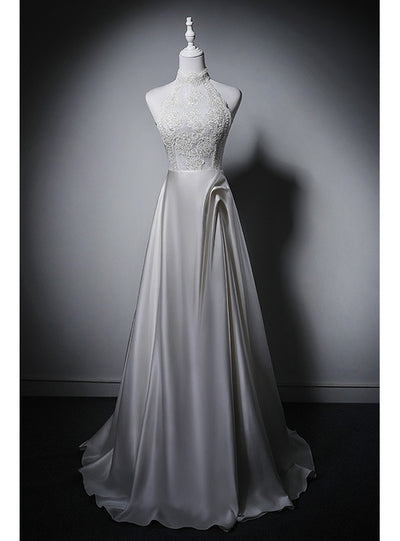 White Satin Lace Halter Wedding Dress