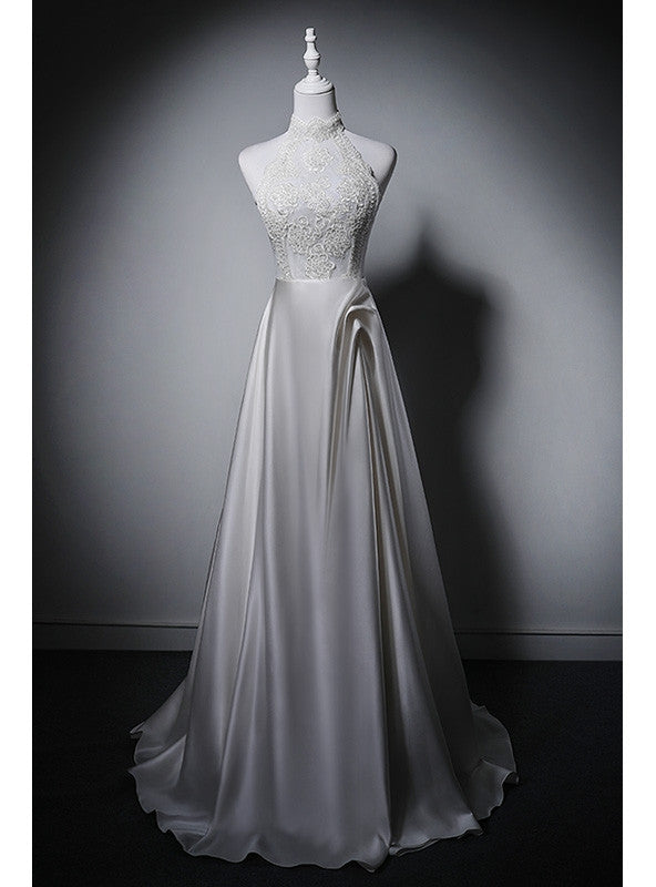 White Satin Lace Halter Wedding Dress