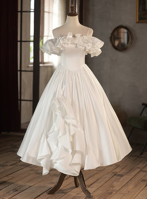 White Satin Spaghetti Straps Wedding Dress