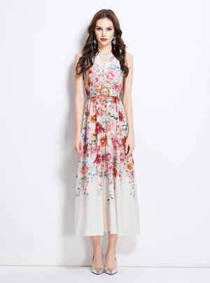 Sleeveless Silm Waist Button Printed Dress