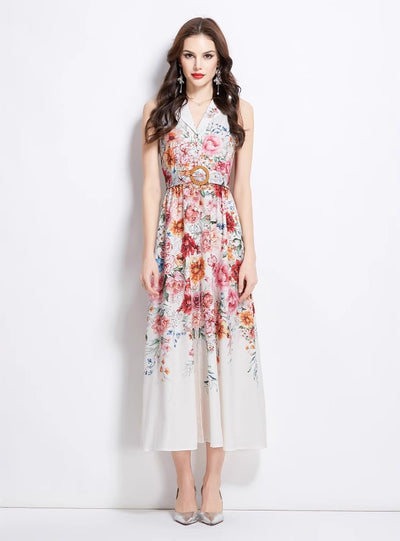 Sleeveless Silm Waist Button Printed Dress
