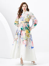 Printed Puff Sleeve Button Slim Dress