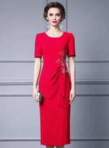 Red Short Sleeve Beading Mother of the Bride Dress