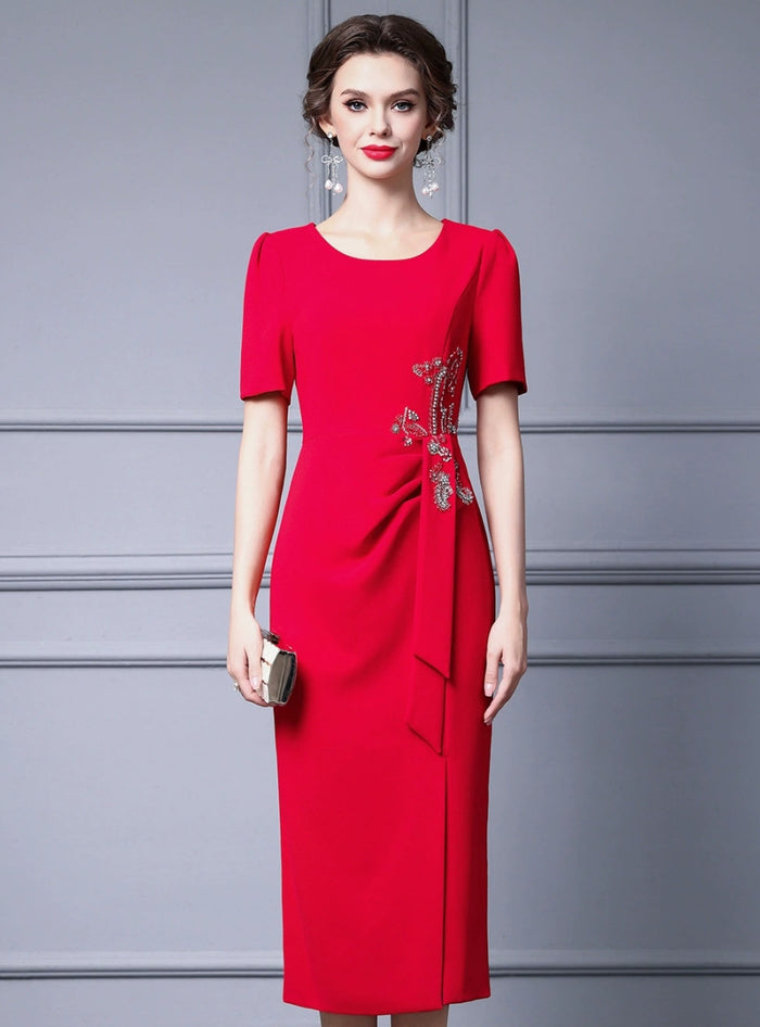 Red Short Sleeve Beading Mother of the Bride Dress