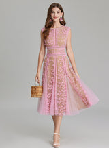 Round Neck Sleeveless Lace Gauze Dress