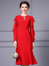 Red Long Sleeve Scoop Neck Mother Of The Bride Dress