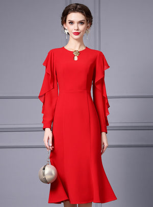 Red Long Sleeve Scoop Neck Mother Of The Bride Dress