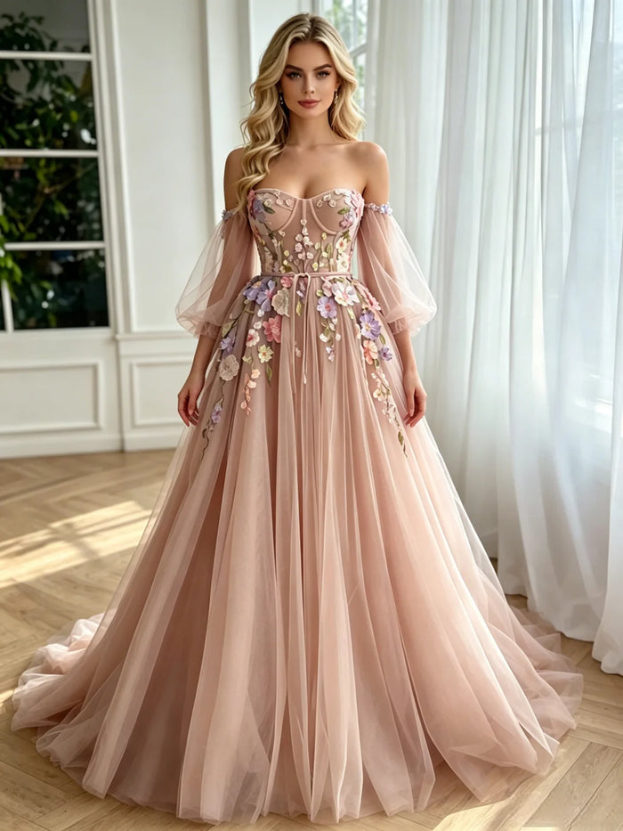 Pink Tulle Long Sleeve Appliques Prom Dress