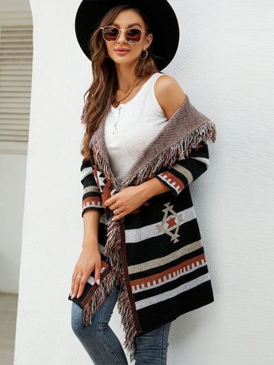 Loose Hooded Coat Tassel Geometric Jacquard Sweater Cardigan