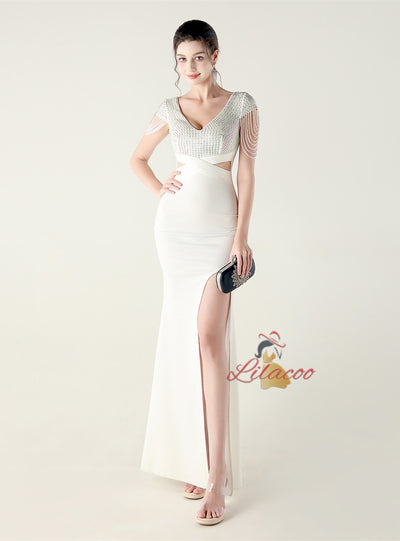 Mermaid V-neck Beading Split Prom Dress