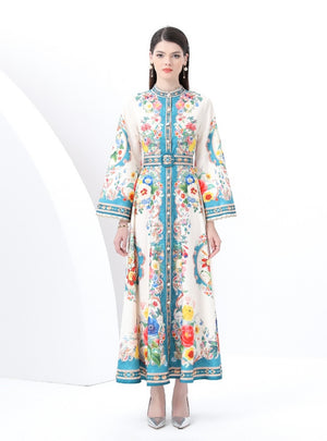 Palace Wind Horn Sleeve Button Printed Dress