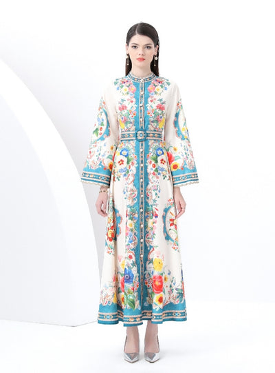 Palace Wind Horn Sleeve Button Printed Dress