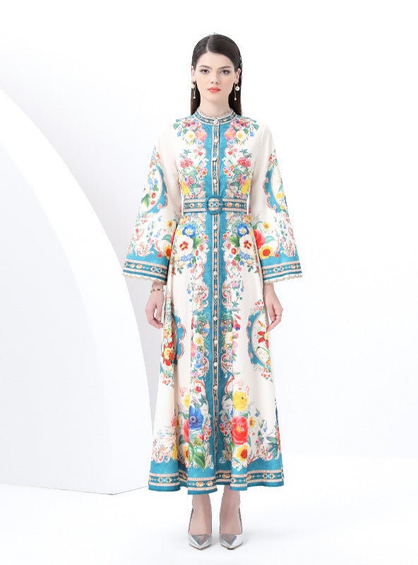 Palace Wind Horn Sleeve Button Printed Dress