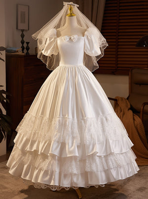 Vintage White Satin Square Neck Wedding Dress