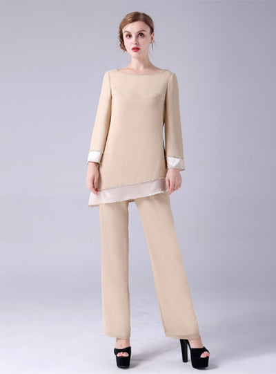 Champagne Chiffon Long Sleeve Mother Of The Bride Dress