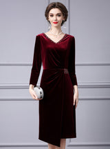 Burgundy Velvet Crystal Mother Of the Brides Dress