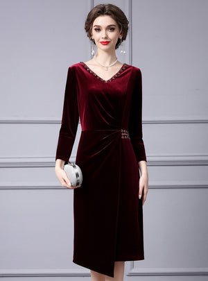 Burgundy Velvet Crystal Mother Of the Brides Dress