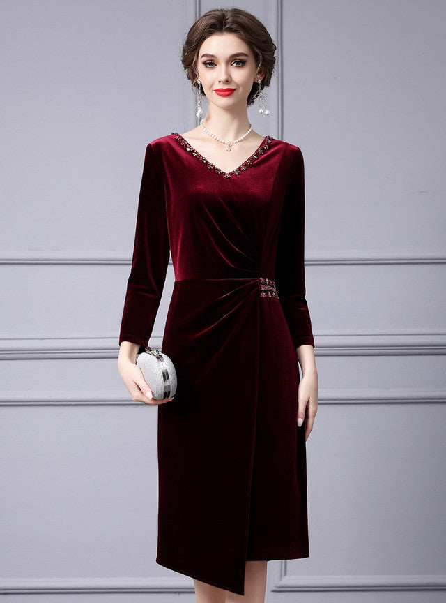 Burgundy Velvet Crystal Mother Of the Brides Dress