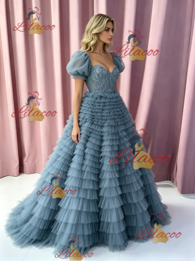 Blue Tuller Tiers Puff Sleeve Prom Dress