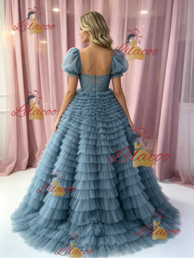 Blue Tuller Tiers Puff Sleeve Prom Dress