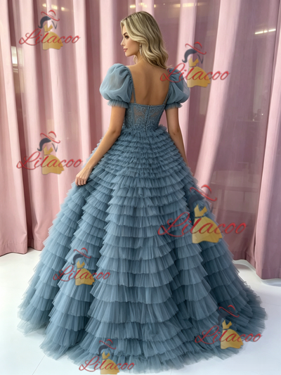 Blue Tuller Tiers Puff Sleeve Prom Dress