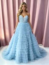 Blue Tulle Strapless Tiers Prom Dress