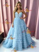 Blue Tulle Strapless Tiers Prom Dress