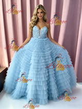 Blue Tulle Strapless Tiers Prom Dress