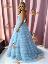 Blue Tulle Strapless Tiers Prom Dress