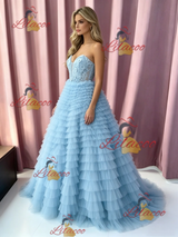 Blue Tulle Strapless Tiers Prom Dress
