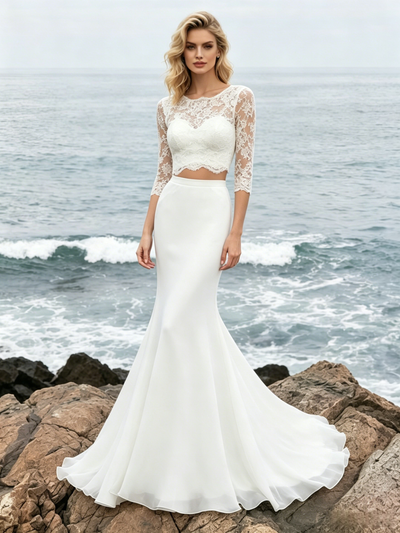 White Mermaid Two Piece Lace Wedding Dress