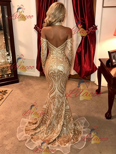 Gold Mermaid Sequins Long Sleeve Prom Dress