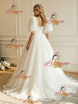 White Tulle Puff Sleeve Appliques Wedding Dress