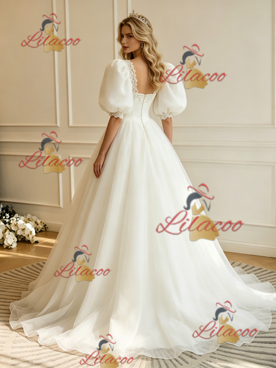 White Tulle Puff Sleeve Appliques Wedding Dress