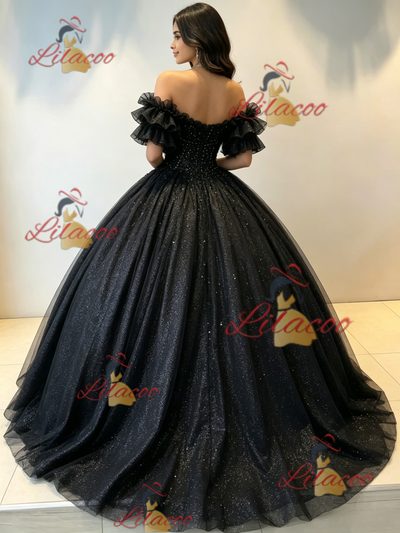 Black Tulle Sequins Off the Shoulder Quinceanera Dress