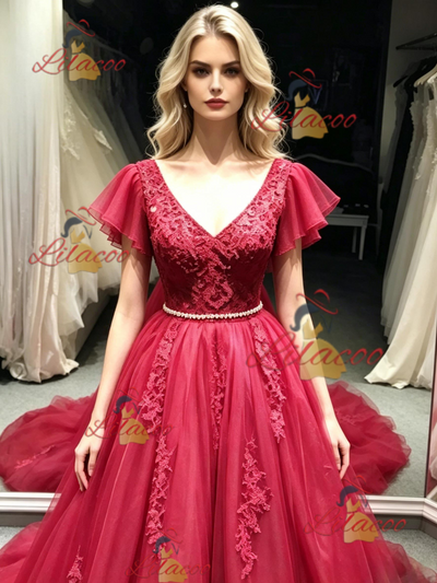 Burgundy Tulle V-neck Appliques prom Dress