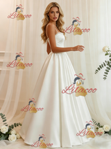 White Satin Spaghetti Straps Pearls Wedding Dress