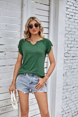 Solid Color U-neck Loose Pleated Short Sleeve T-shirt