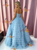 Blue Tulle Strapless Tiers Prom Dress