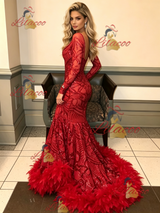 Red Mermaid Seuqins Long Sleeve Prom Dress
