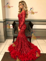 Red Mermaid Seuqins Long Sleeve Prom Dress