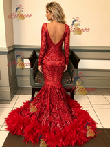 Red Mermaid Seuqins Long Sleeve Prom Dress