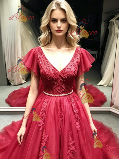 Burgundy Tulle V-neck Appliques prom Dress