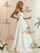 White Satin Spaghetti Straps Pearls Wedding Dress